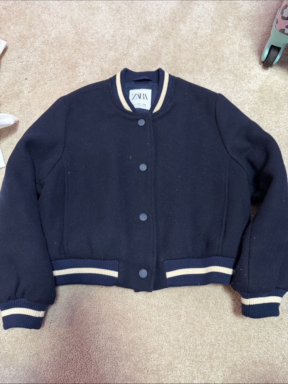 Zara Navy Bomber Jacket with Cream Stripe Trim